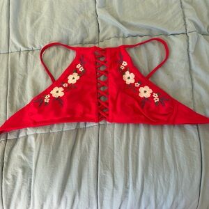 Red Floral Embroidered Lace-Up Bikini Top